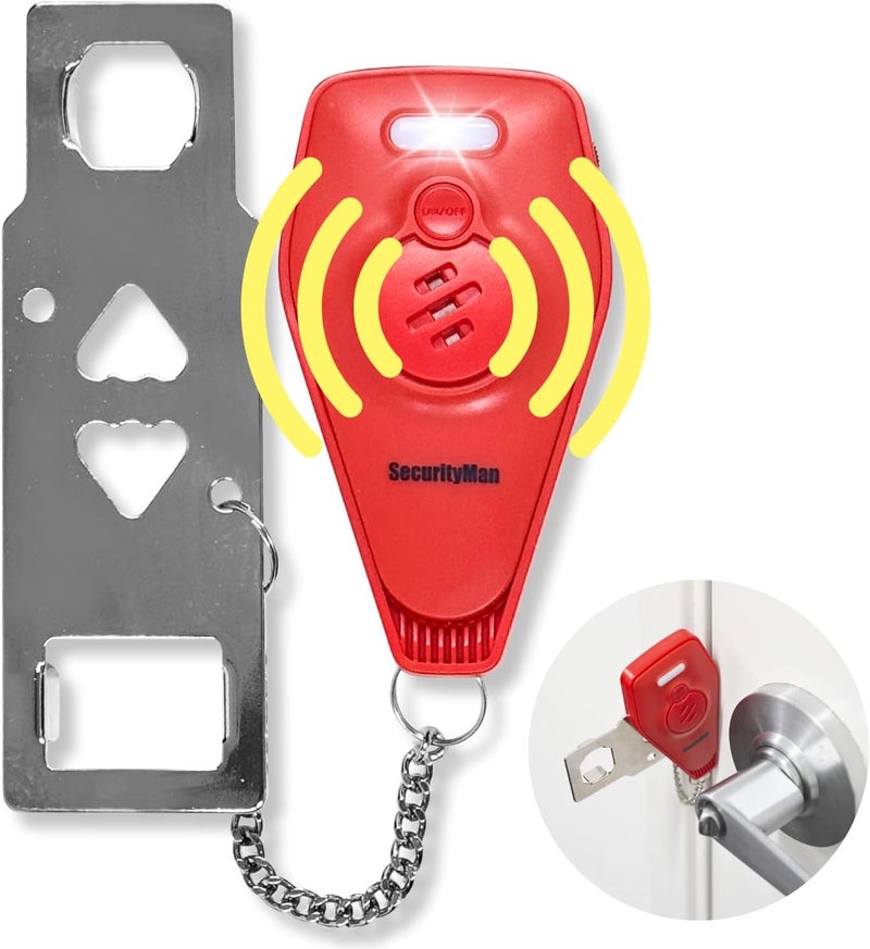 Security Man Portable Door Lock with Alarm | Hotel Door Locks for Travelers Security | Loud 130dB Door Security Device for Hotel Room, Apartment Home, & Travel Safety Inside for Women Children - Red - Image 1